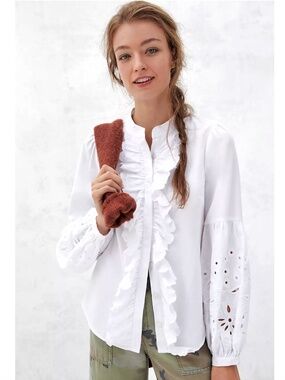 BY ANTHROPOLOGIE Rosana White Cotton Ruffled Blouse - 8